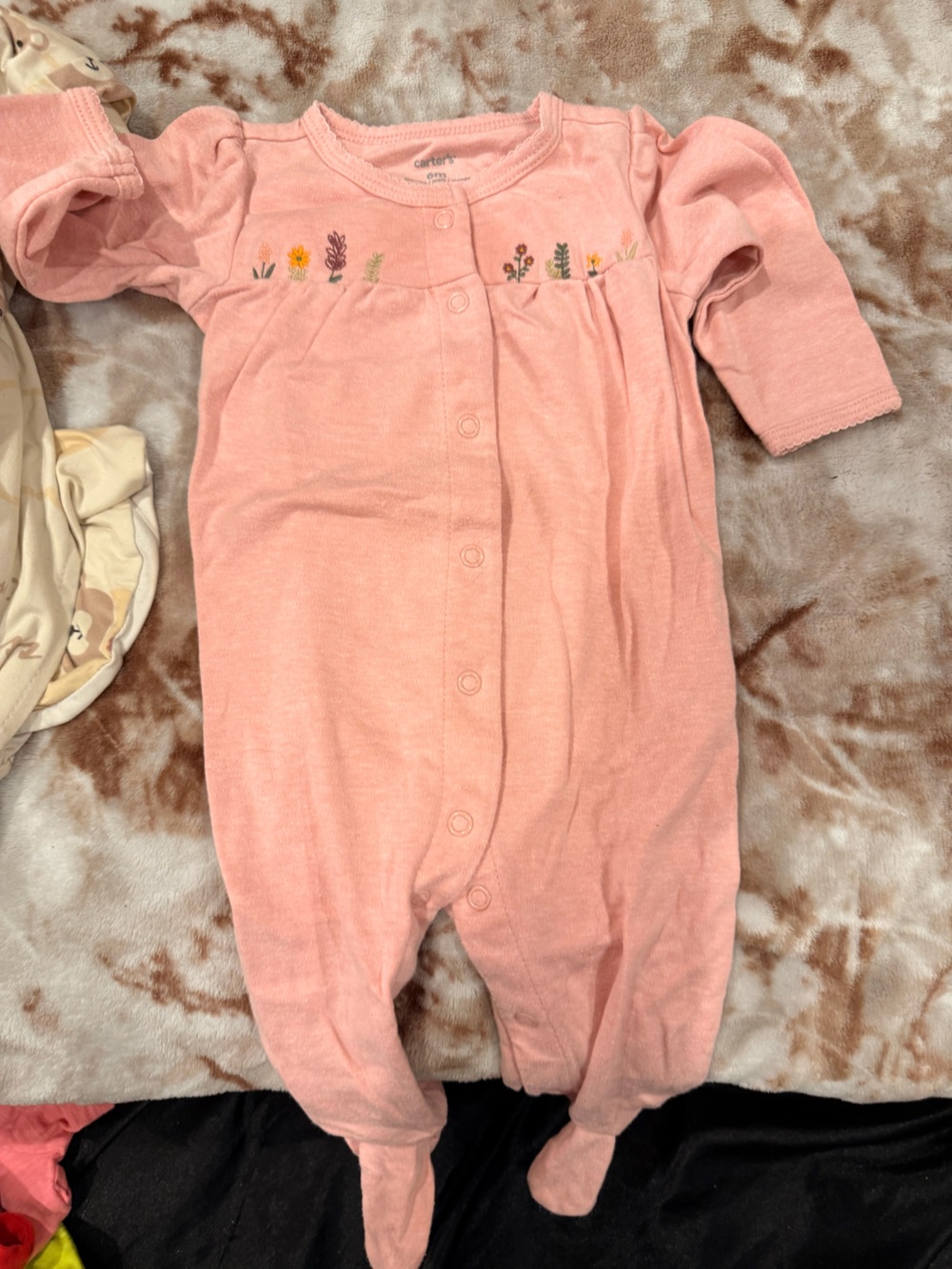 Carter's Peach Pink Footed Baby Romper with Floral Embroidery